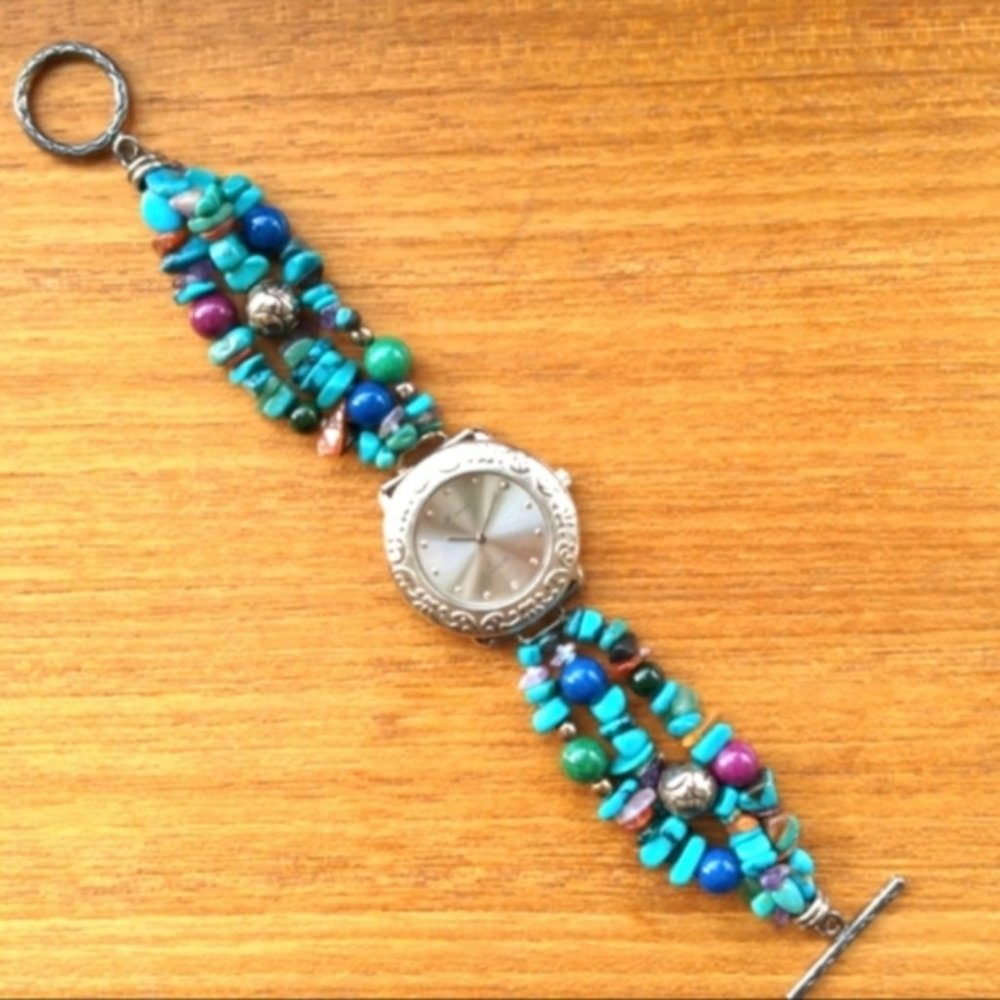 Vintage bracelet watch w turquoise ruby coral amber carnelian amethyst stones